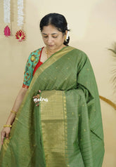 Sage Green - Sithara - Semi Tussar saree grooves with buttas and Multi Border